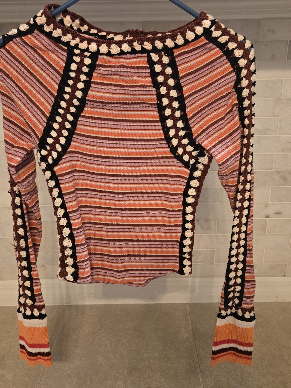 Free People Striped Crochet-Trim Long Sleeve Top